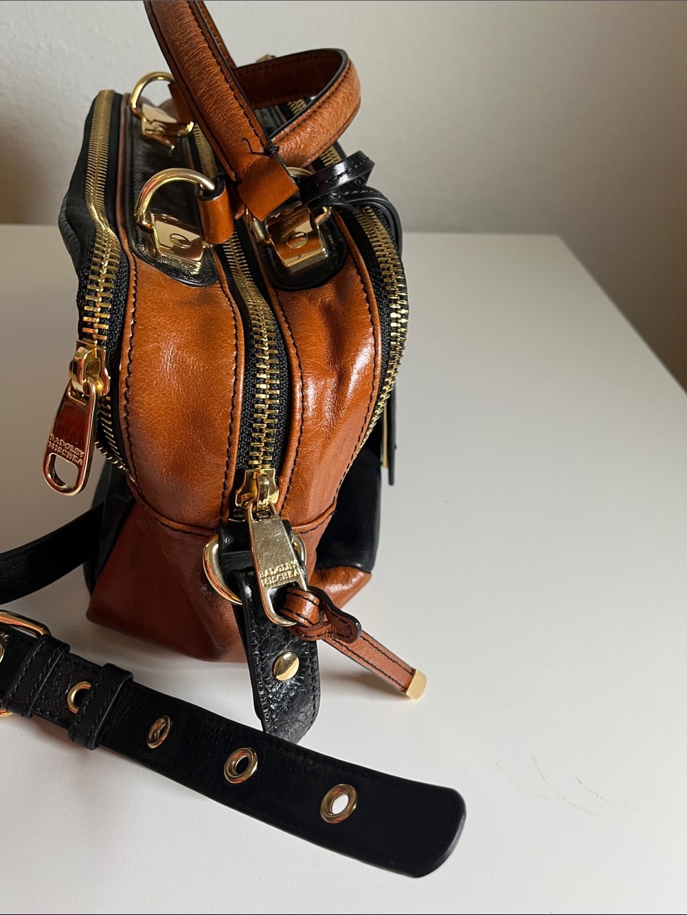 Badgley Mischka Leather Two-Tone Brown and Black Crossbody Bag with Gold Hardwar